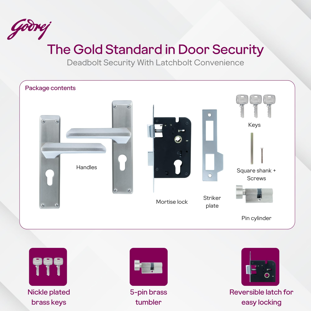 Godrej Mortise Lock | 200mm Plate | 5 inch handle | NEH 23 | Double Throw Deadbolt | 3 Keys | Reversible Left or Right Handed | Door Lock For Home, Main Door | Satin Steel Finish | 5 Year Warranty